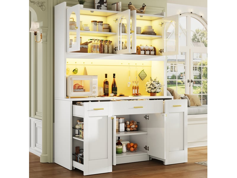 Buffet de cuisine haut avec étagères, 3 vitrines en verre, led rgb et tablettes coulissantes, 120 × 40 × 187 cm  - Conforama C