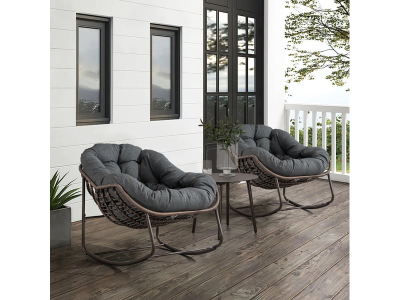 Fauteuil à bascule extérieur en résine tressée gris foncé avec coussin épais, pour balcon, terrasse et jardin - Conforama D
