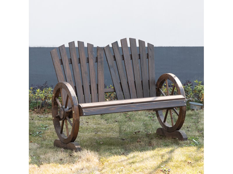 Banc de jardin 2 places en bois foncé rustique avec accoudoirs, idéal pour terrasse et extérieur abrité - Conforama B
