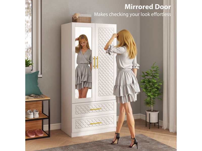  Armoire chambre penderie avec miroir, 2 tiroirs, 2 portes et barre de suspension, blanc, 80 x 50 x 180 cm  - Conforama R