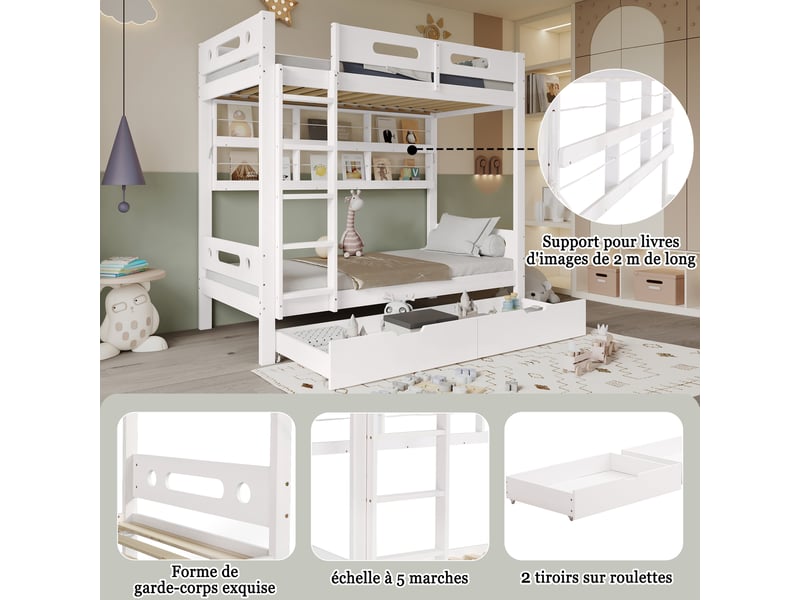 Lit superposé pour enfant avec barrière de sécurité, deux tiroirs à roulettes, étagère ouverte, échelle à cinq marches, nombreux rangements, pin et mdf, blanc, 90 x 200 cm - Conforama D