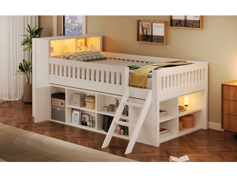  Lit en bois 120x200 cm blanc mdf et pin avec éclairage led rangements ouverts et fermés et échelle Sol Morn - Conforama E