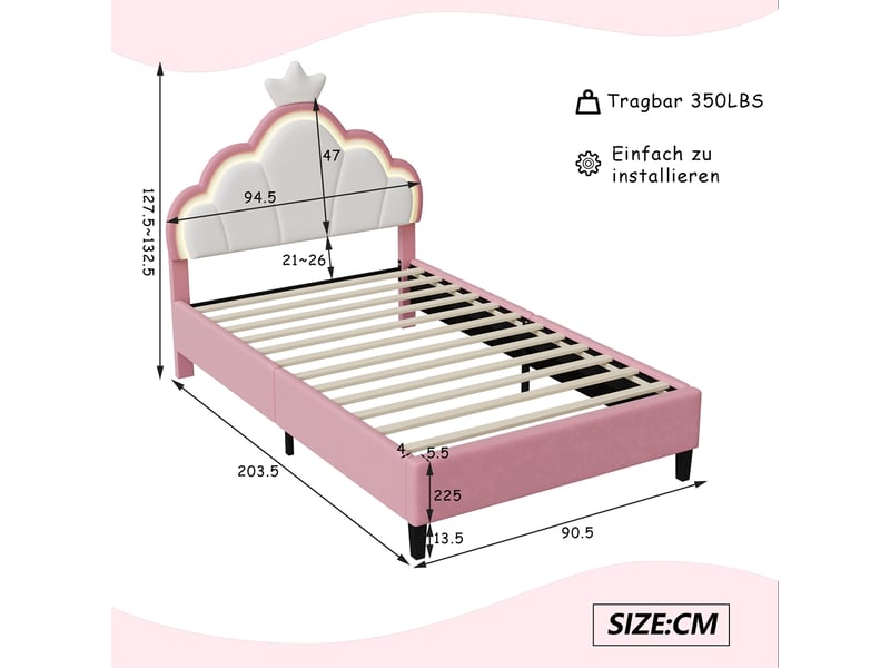  Lit enfant fille 90x200 cm en velours, lit simple rembourré avec led, lit princesse avec tête de lit réglable, décoration couronne et sommier à lattes, design rembourré moderne, rose  - Conforama C