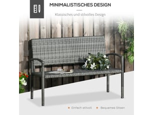 Banc de jardin 2 places gris, effet rotin, cadre acier, charge 320 kg, mobilier extérieur