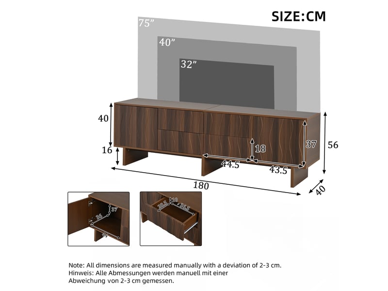  Meuble tv salon 2 portes 4 tiroir rangement meuble de salon style moderne 180x40x56cm noyer  - Conforama C