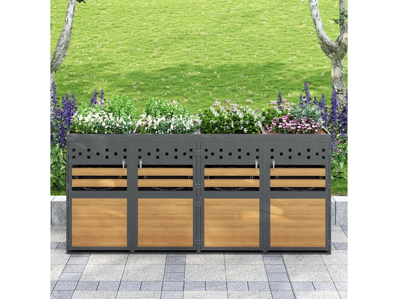  Coffre pour 4 bacs à déchets 264x80x125 cm toit de plantation métal anthracite et aspect bois  - Conforama B