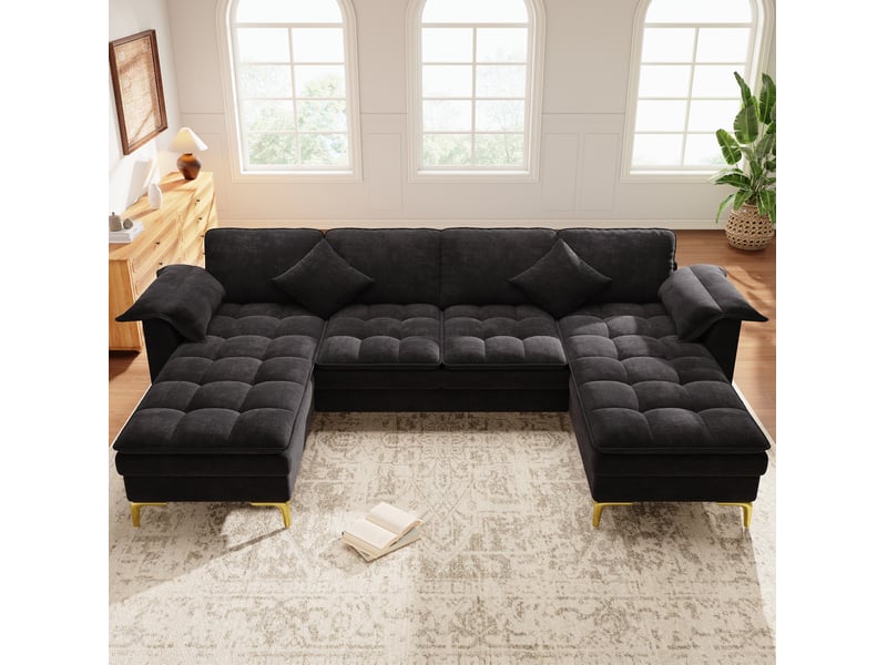  Canapé d'angle modulable en u modenvie 4 places avec 2 méridiennes en chenille noire et pieds en métal doré 262 x 134 x 86 cm  - Conforama B