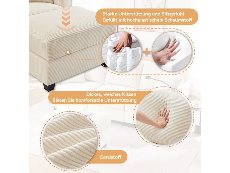  Canapé d'angle 3 places en velours côtelé beige avec pouf, porte-gobelets et usb  - Conforama E