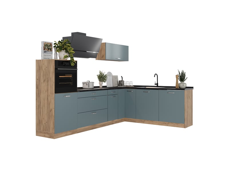 Vicco cuisine en angle, bleu-grischêne doré, 287 x cm sans plan de travail - Conforama E