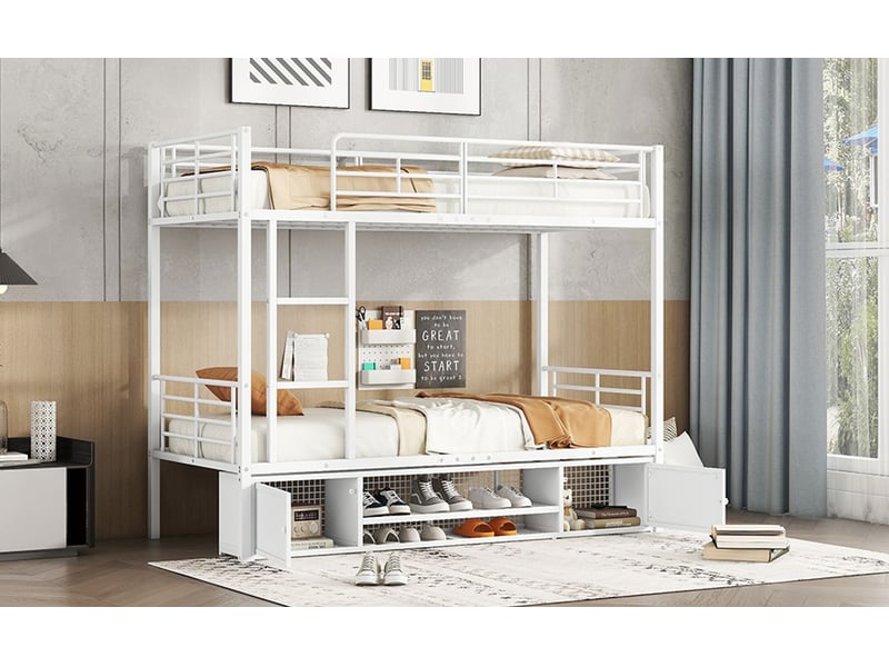  Lit superposé90x200cm - avec meuble à chaussures - lit superposé enfant -avec fonction rangement - avec échelle -garde-corps -blanc  - Conforama B