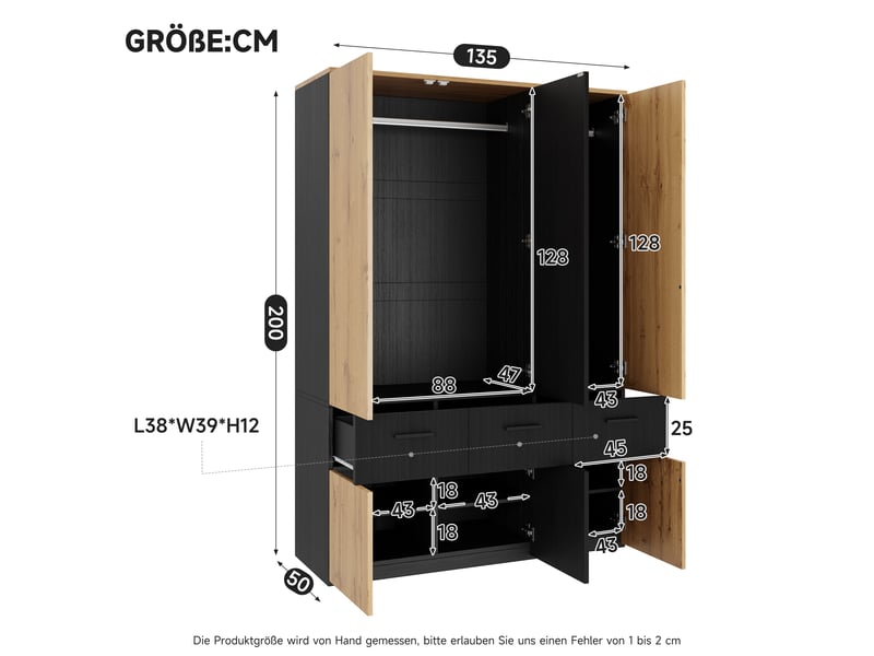  Armoire haute 90 x 50 x 200 cm, portes à effet lamelles, 2 tringles à vêtements, 3 tiroirs, 6 compartiments de rangement Bliss Lite - Conforama C