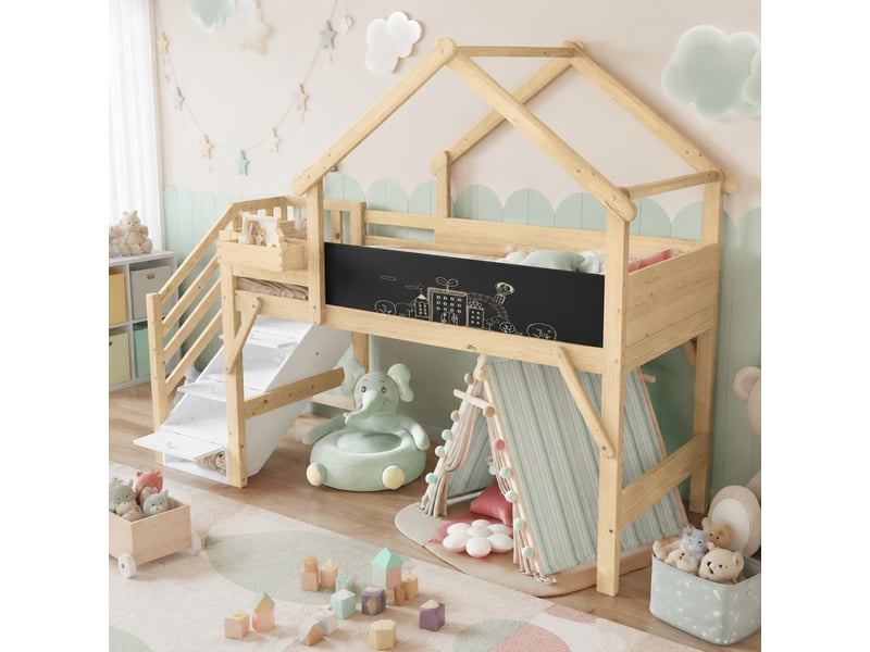 Lit superposé enfant simple 90×200 cm, escalier, 3 rangements et tableau - sans matelas, bois blanc naturel - Conforama C