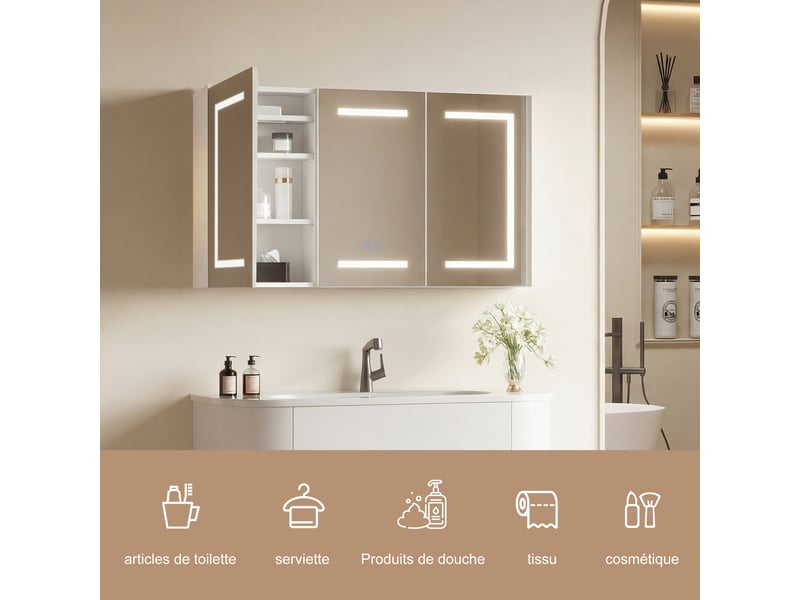  Armoire murale de salle de bain - 100x60cm - miroir led antibuée 3 couleurs avec prise eu et distributeur de mouchoirs - blanc  - Conforama C