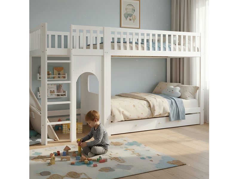  Lit superposé enfant 90x200 cm blanc et naturel avec échelle et barrières  - Conforama D