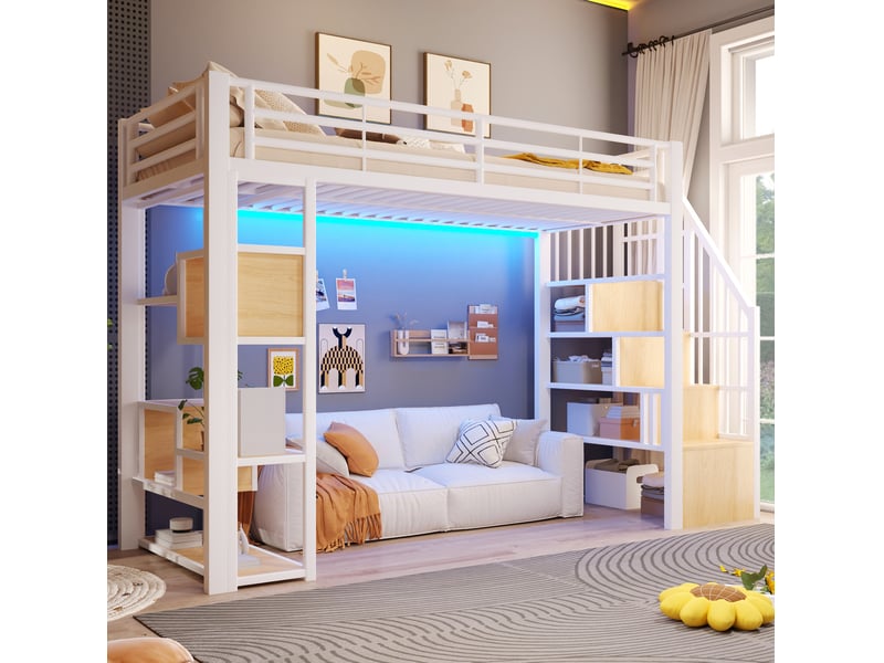 Lit surélevé enfant 90x200 cm led, rangements, marches, tiroirs tissu, garde-corps, métal mdf blanc sans matelas - Conforama B
