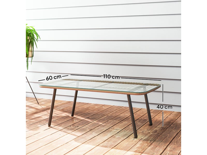  Table basse de jardin, table d'appoint extérieur résine tressée couleur bois naturel 110x60x40cm  - Conforama E