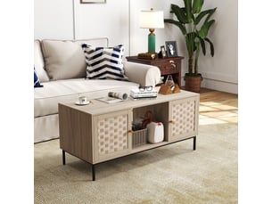 Table basse en bois avec placage effet cannage, table rectangulaire avec 4 portes coulissantes, design symétrique, meuble de rangement pour salon