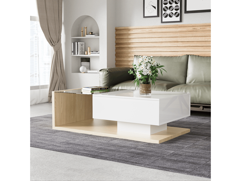  Table basse avec led et plateau en verre, table basse bois et blanc brillant avec rangement 105x55cm  - Conforama C
