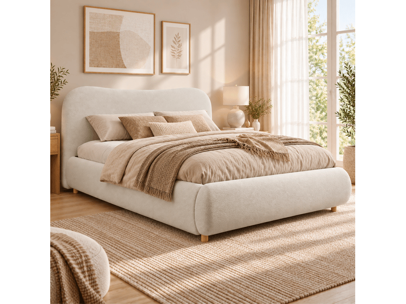  Lit coffre double 180 x 200 cm blanc bouclé avec tête de lit et sommier à lattes  - Conforama B