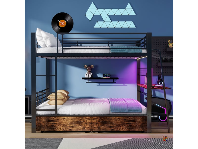 Lit mezzanine gaming 140x200 cm, bureau intégré, 2 tiroirs, led rgb musicale, usb et usb-c, panneau grille, métal noir Radiant Stride - Conforama D