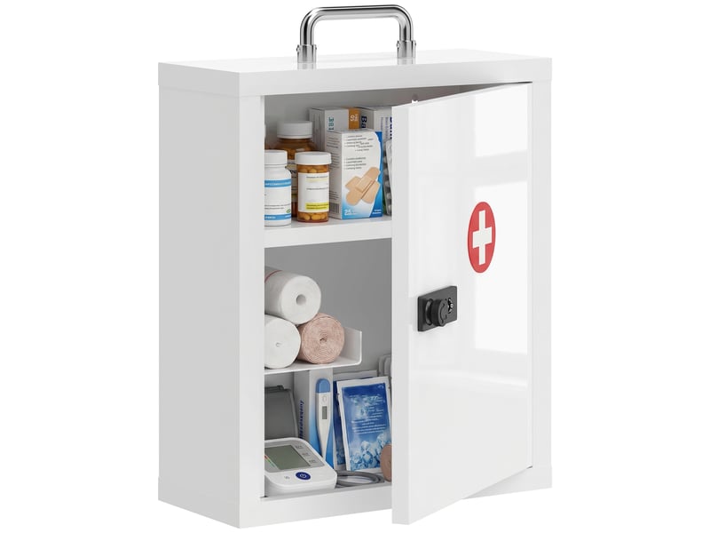  Armoire à pharmacie murale avec serrure à combinaison, 3 niveaux, armoire de premiers secours verrouillable en acier, blanche  - Conforama A