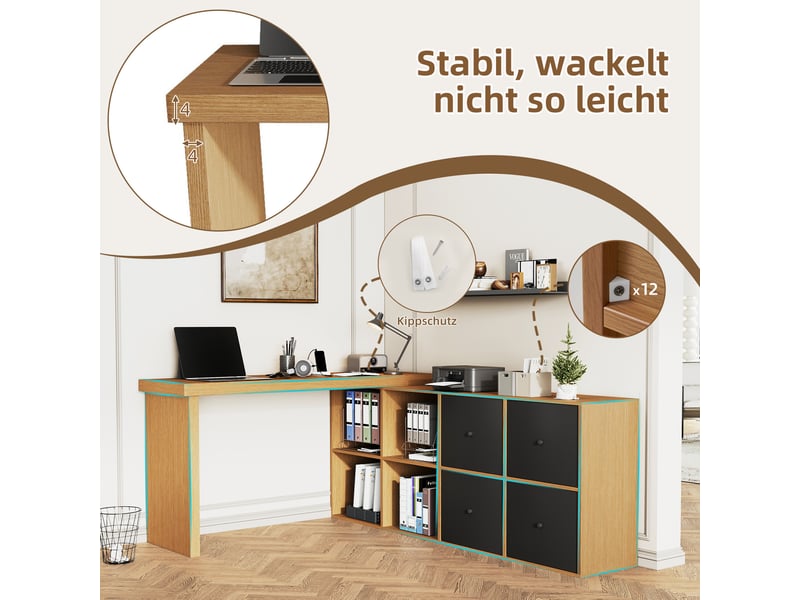  Bureau d'angle pivotant 360 en l, bureau informatique modulable avec 4 tiroirs et compartiments, plateau renforcé de 4 cm, noir et chêne  - Conforama W