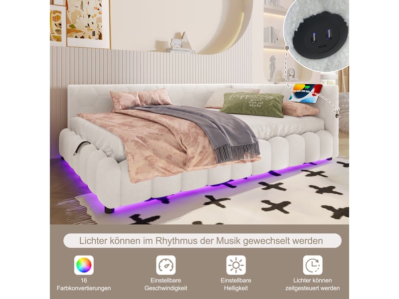  Lit de jour 90x200 canapé lit blanc avec led et port usb type-c, rangement hydraulique  - Conforama D