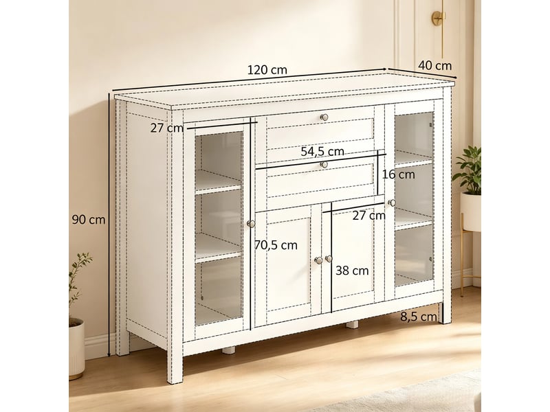 Buffet modèle modern, meuble salon avec portes vitrées, étagères réglables, rangement polyvalent 1 pièce - Conforama C