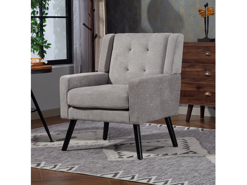  Fauteuil rembourré capitonné avec coussin en mousse haute densité, pieds en bois massif, lin gris clair  - Conforama B