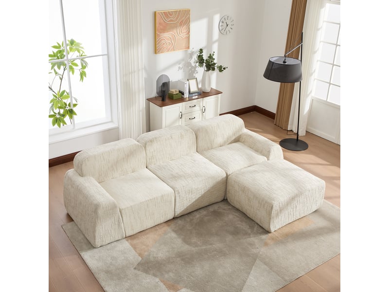 Canapé modulable en chenille 3 places beige - sans montage, mousse haute résilience 30d - Conforama W