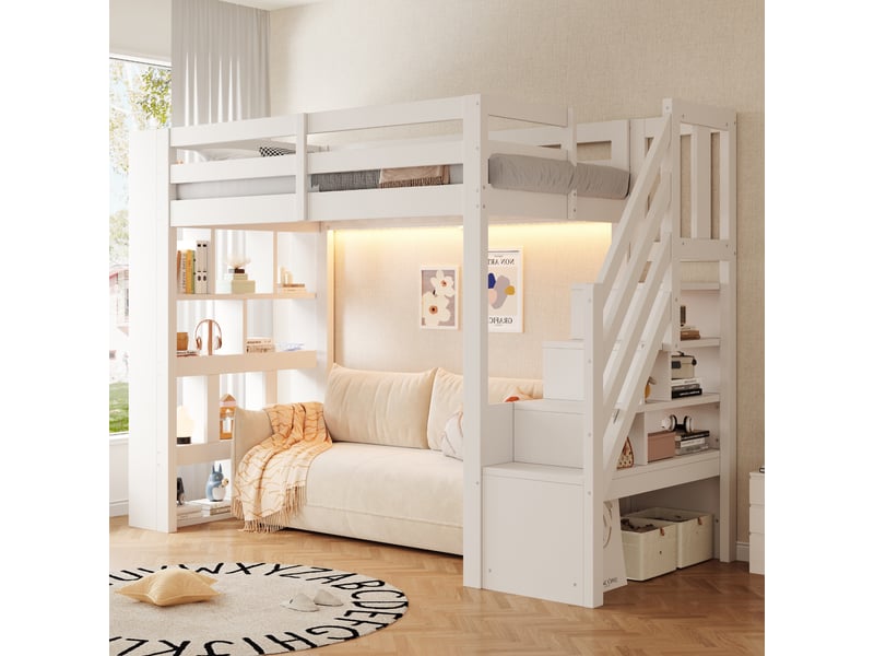 Lit mezzanine 90x200cm avec étagères, escalier de rangement, barrières de sécurité, éclairage led et sommier à lattes, bois, blanc evarich - Conforama B