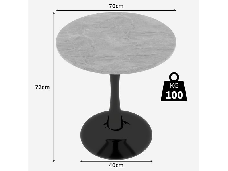  Table à manger ronde 70 cm en marbre artificiel gris, piètement noir  - Conforama C