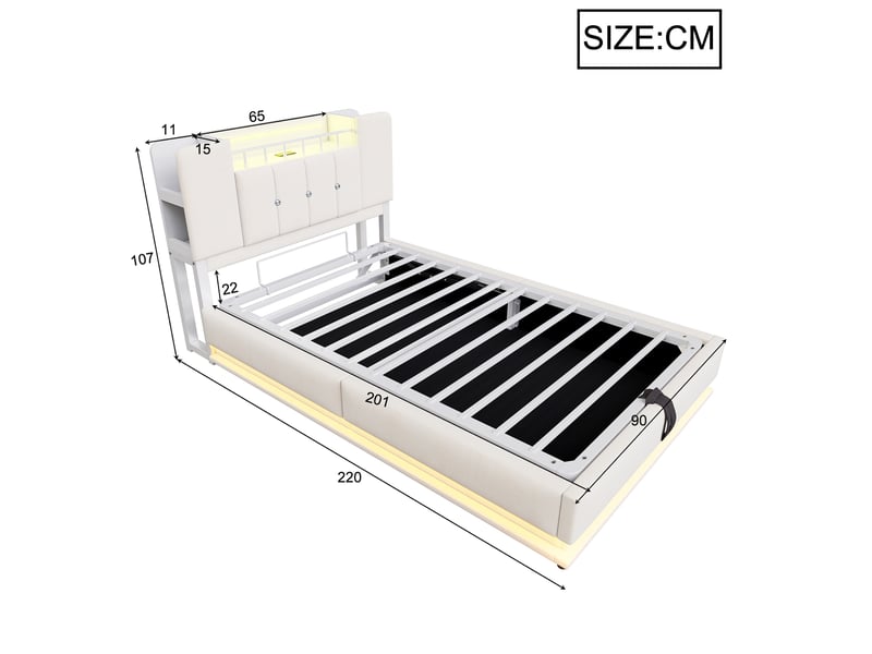  Lit enfant 90x200 cm rangement hydraulique, éclairage led et port usb en velours beige  - Conforama E