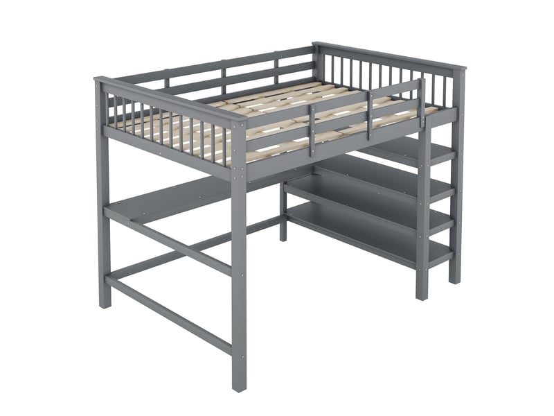 Lit mezzanine 140x200 gris, lit mezzanine avec bureau intégré et étagères, cadre en bois massif pour enfant et adulte, sans matelas - Conforama W