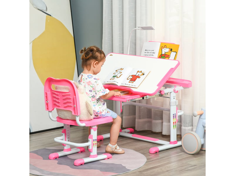  Bureau enfant pour les 6-12 ans avec chaise réglable en hauteur, tiroir, lampe et plateau inclinable, rose  - Conforama B