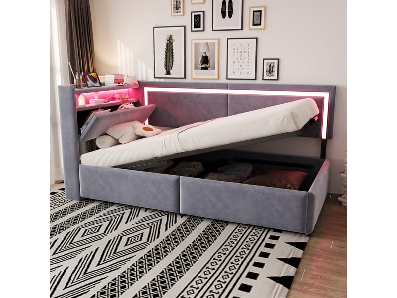  Lit coffre enfant simple 90x200 cm, led et ports usb, tête de lit avec rangement, velours, gris clair, sans matelas  - Conforama D