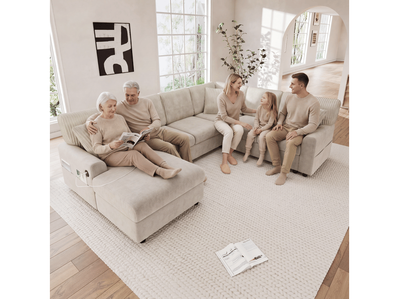  Canapé panoramique 6 places 249x196x83 cm en u avec chaise longue, accoudoirs à poches, usb type-c et 3 coussins, chenille et velours côtelé, beige Sol Morn - Conforama E