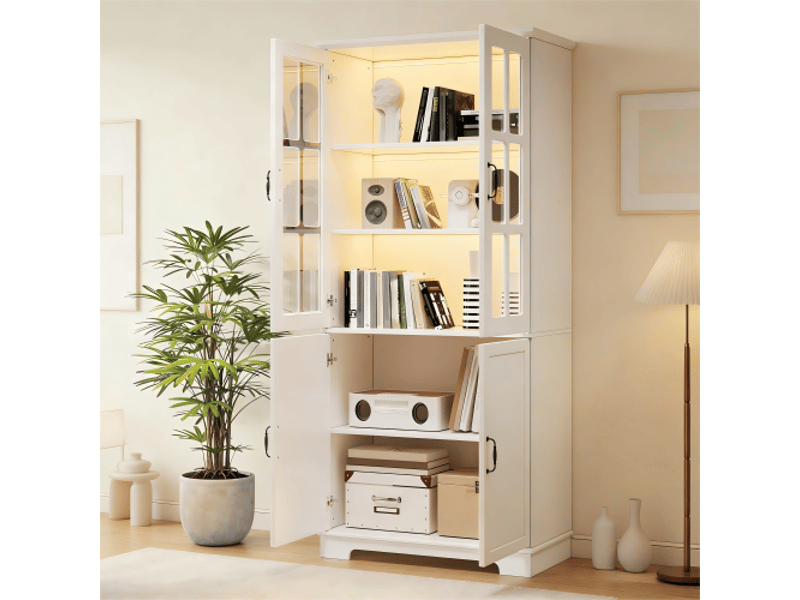 Vitrine 4 portes 5 niveaux avec rangement et verre trempé - style campagne, panneaux de particules - blanc - Conforama C