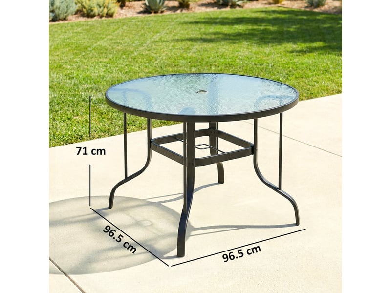  Table de jardin ronde avec trou pour parasol, métal et verre trempé, ø96,5 x 71 cm, noire  - Conforama E