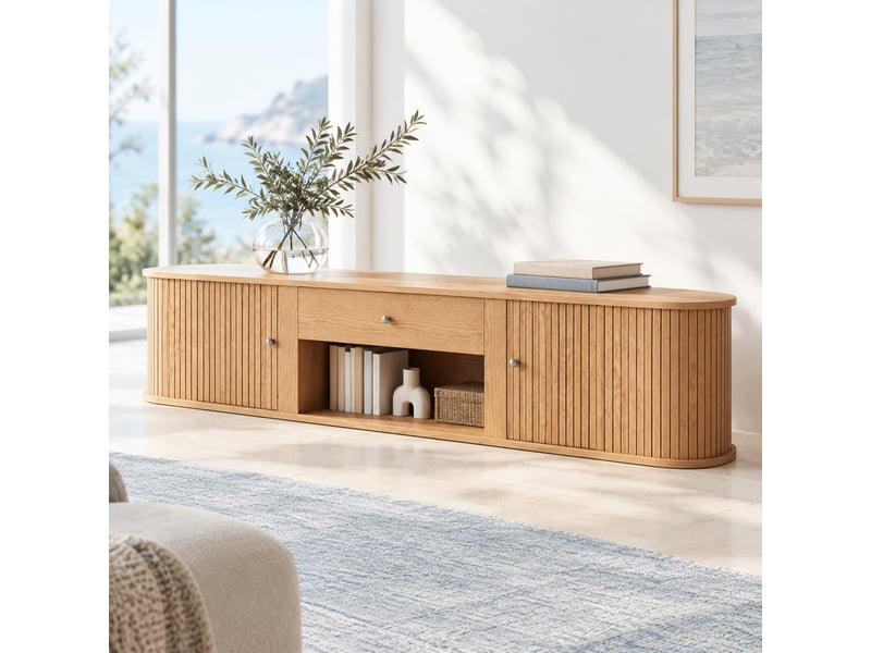  Meuble tv bas 180 x 40 x 40 cm naturel avec 2 portes coulissantes et 1 tiroir  - Conforama B