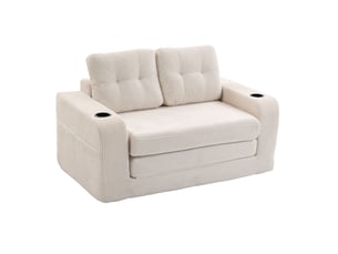 Canapé convertible 2 places en velours côtelé beige 136 cm, canapé lit compact avec assise rembourrée pour petit salon