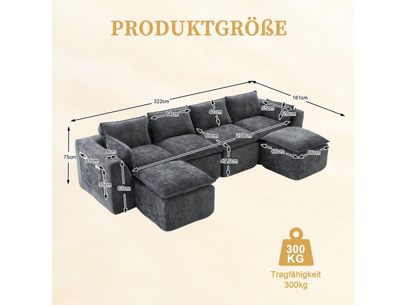 Canapé modulable 4 places modenvie avec 2 poufs, coussins, porte-gobelets, poches latérales, assise en mousse et ressorts, chenille gris foncé 322 x 161 x 75 cm - Conforama C