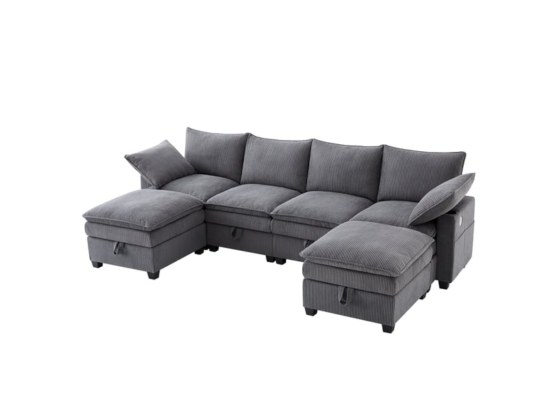 Canapé modulable 5-6 places 280x151x82 cm, configurable en l ou u, 6 coffres, 2 ports usb, 2 porte-gobelets, velours côtelé gris Radiant Stride - Conforama A