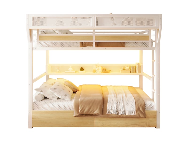  Lit superposé modenvie 140 x 200 cm avec rangement led métal mdf blanc  - Conforama A