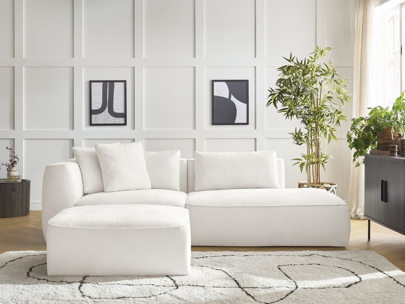  Bobochic canapé droit fixe 3 places leopold tissu texturé avec pouf blanc  accoudoir gauche LEOPOLD - Conforama C