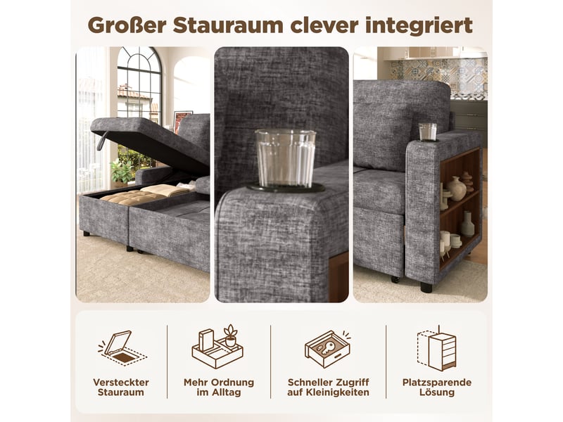 Canapé droit 3 places pliable, canapé lit convertible en chenille avec coffre de rangement, étagère accoudoir, porte-gobelets, canapé moderne - Conforama E
