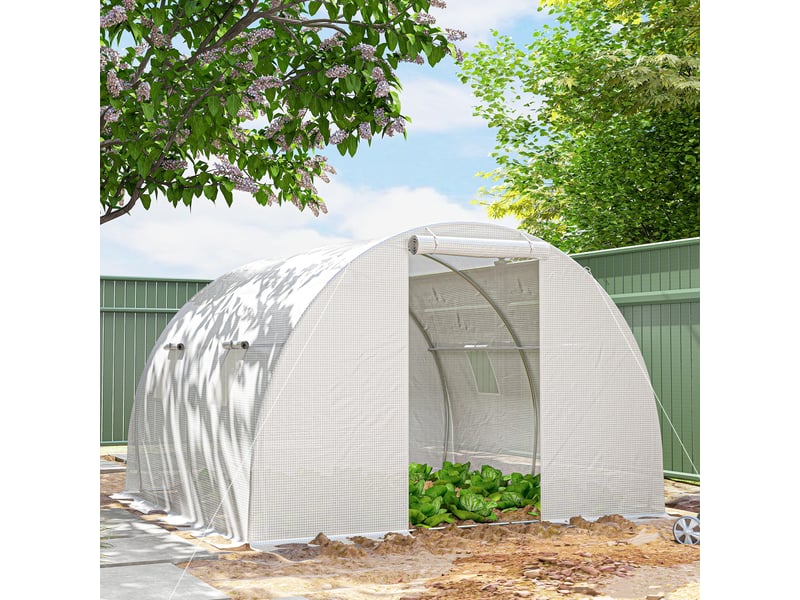  Serre de jardin tunnel 9 m² 4 fenêtres, porte zippée enroulable châssis acier galvanisé, bâche pe 3 x 3 x 2 m blanc  - Conforama D