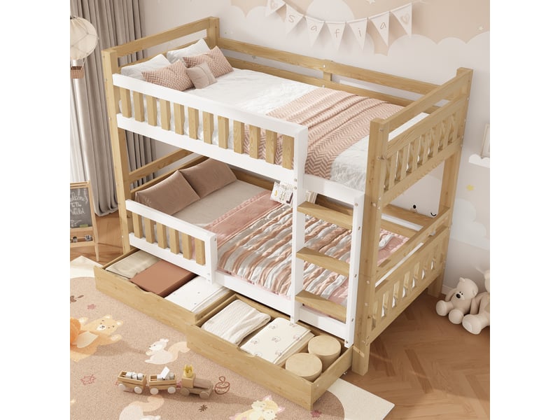  Lit superposé 90x200 cm transformable en 2 lits simples avec 2 tiroirs en bois blanc et naturel  - Conforama C