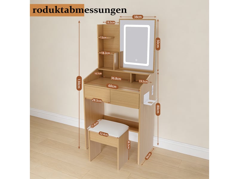  Table de maquillage led - miroir éclairé led réglable - prise électrique intégrée - support de sèche-cheveux 60x36x130cm - Conforama D