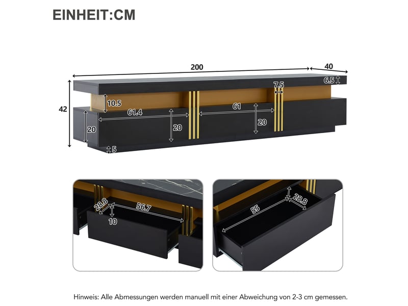  Meuble tv moderne bas 200x40x42 cm, fini noir imitation marbre (non marbre réel), panneaux de particules, avec 3 tiroirs  - Conforama C